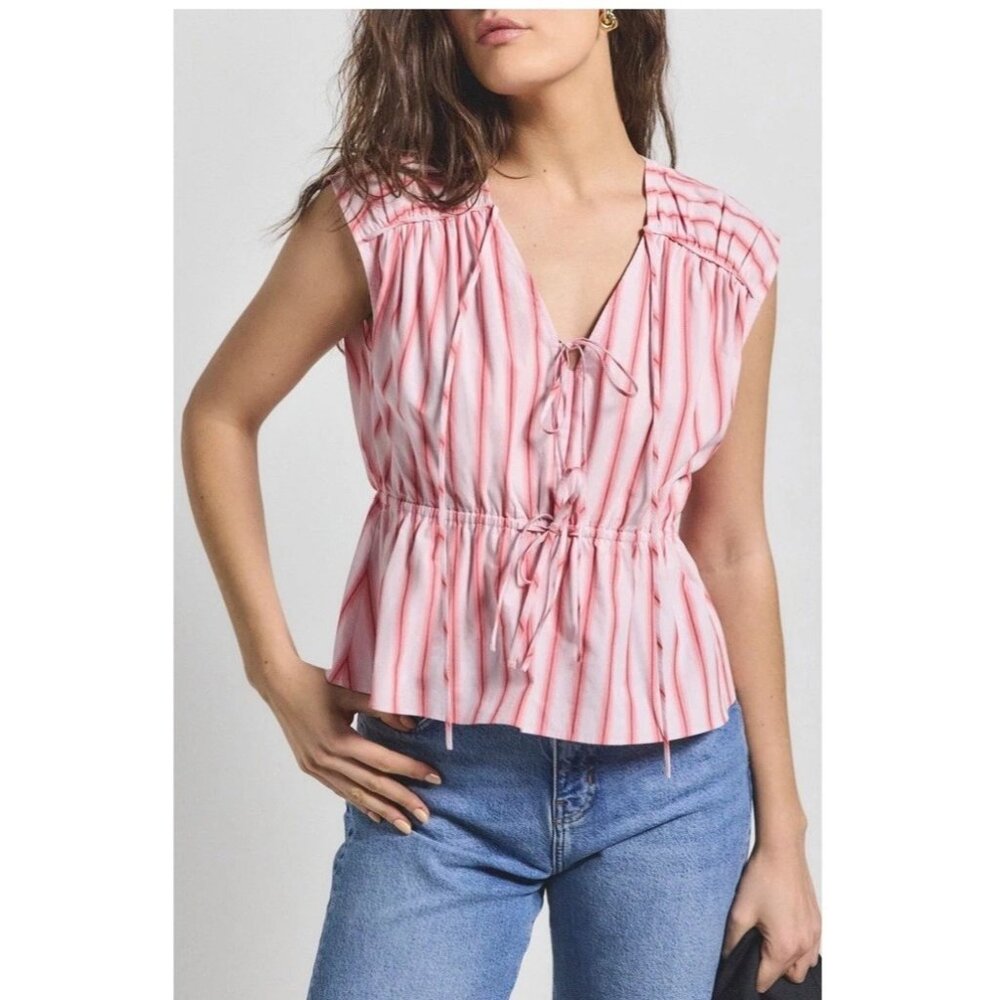 Derek Lam 10 Crosby Pink Multi Striped Cotton Smocked Elastic Top Sz XL New